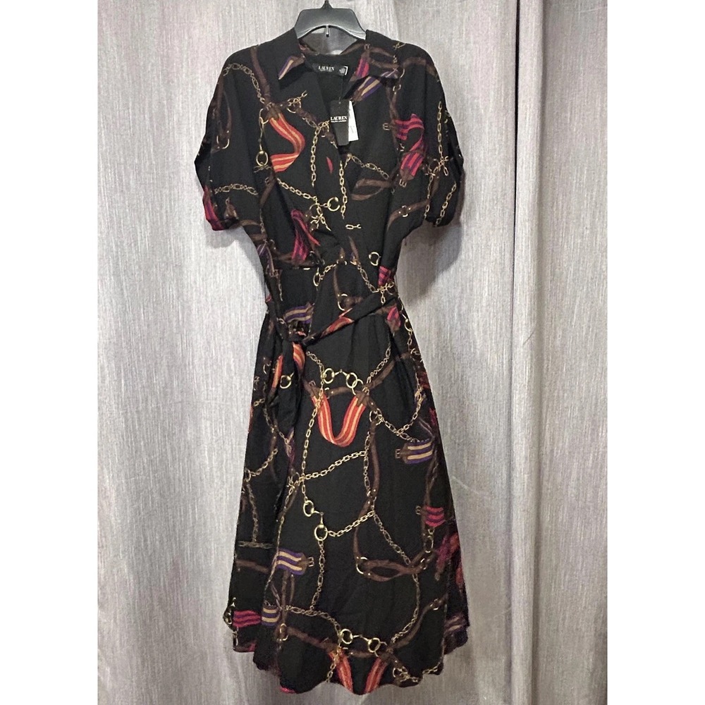 Lauren Ralph Lauren Shirt Dress Womens 16 Black Equestrian Chain Midi Belted NWT